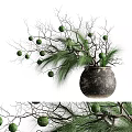 Dark Earthenware Vase With Branches Pine Needles And Green Round Fruits