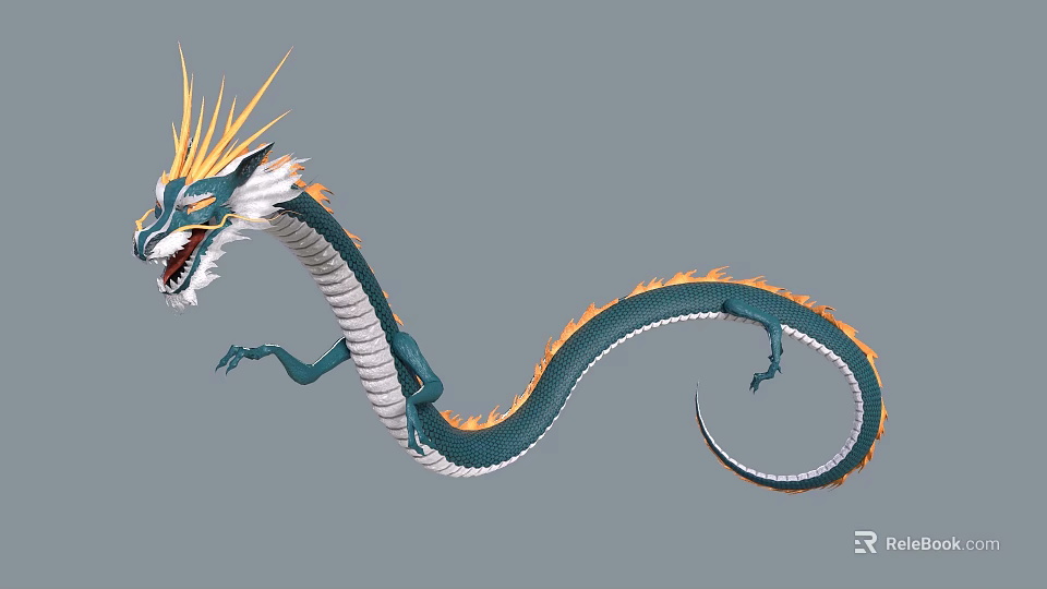 Mythical Flying Dragon With Blue Body Orange Mane Open Mouth And Long Curled Tail 3d model 