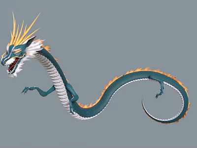 Mythical Flying Dragon With Blue Body Orange Mane Open Mouth And Long Curled Tail 3d model