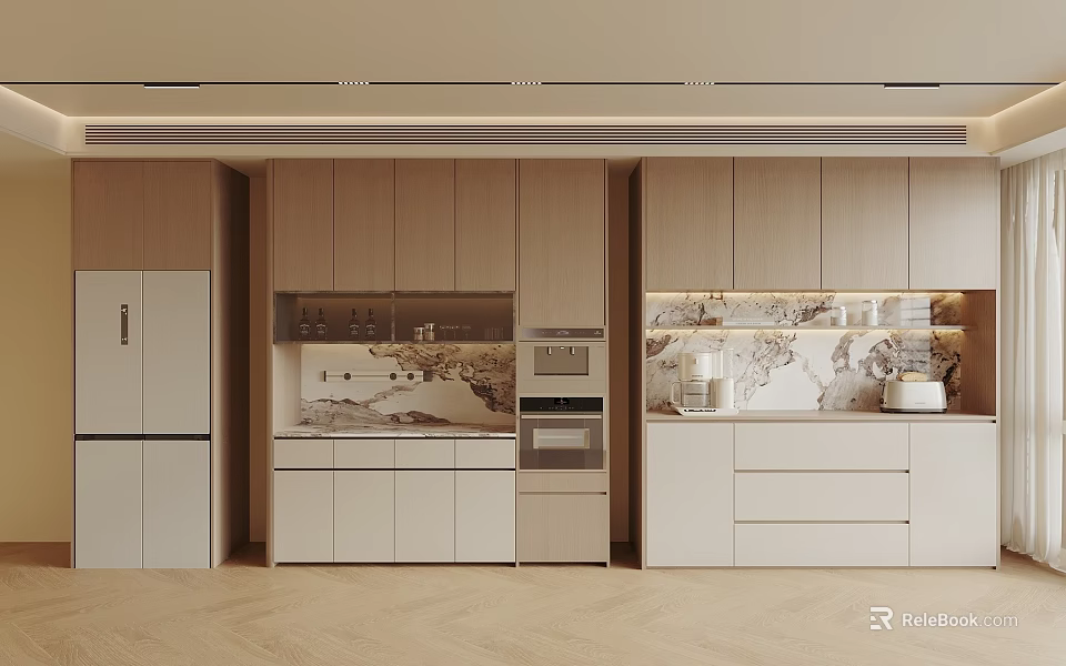 Modern Kitchen Interior With Wooden Sideboard Storage Cabinets Oven And Decorative Bowls 3d model 