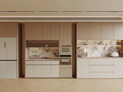 Modern Kitchen Interior With Wooden Sideboard Storage Cabinets Oven And Decorative Bowls 3d model