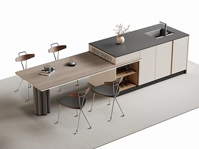 Modern Bar Counter Interior With Wooden Top Metal Chairs And Storage Cabinets 3d model