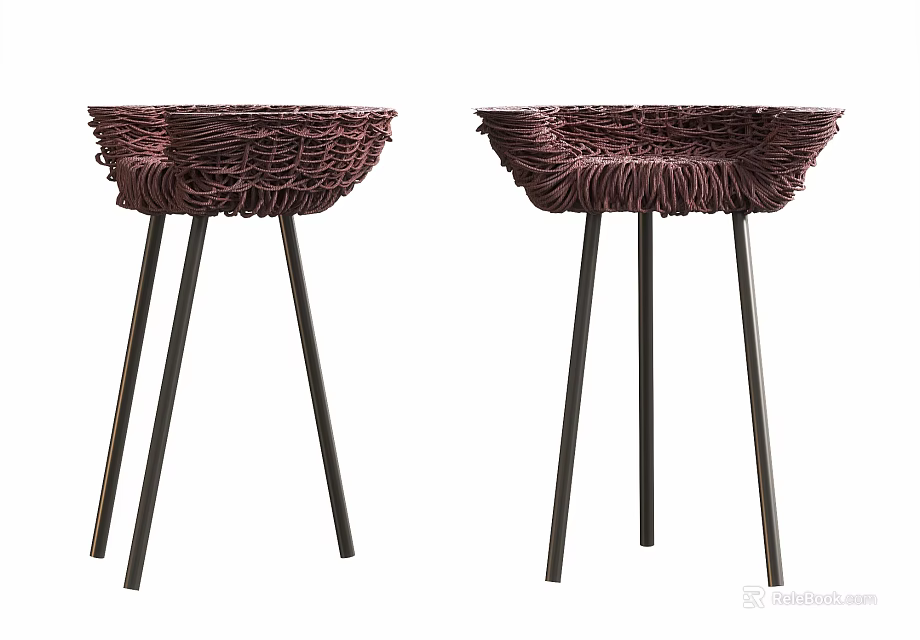 Two Dark Brown Woven Bar Stools With Black Metal Legs Design 3d model 