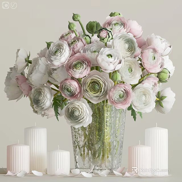 Decorative Ornament Set With Pink White Flowers In Glass Vase And White Candles 3d model 