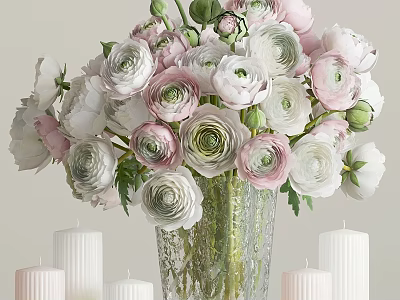 Decorative Ornament Set With Pink White Flowers In Glass Vase And White Candles 3d model