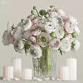 Decorative Ornament Set With Pink White Flowers In Glass Vase And White Candles