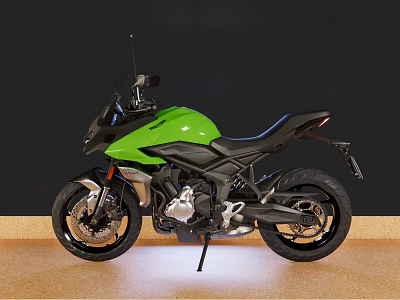 Green Sleek Modern Motorcycle With Black Accents On Wooden Display Floor 3d model