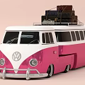 Pink and White Vintage Volkswagen Bus With Luggage Stacked On The Roof