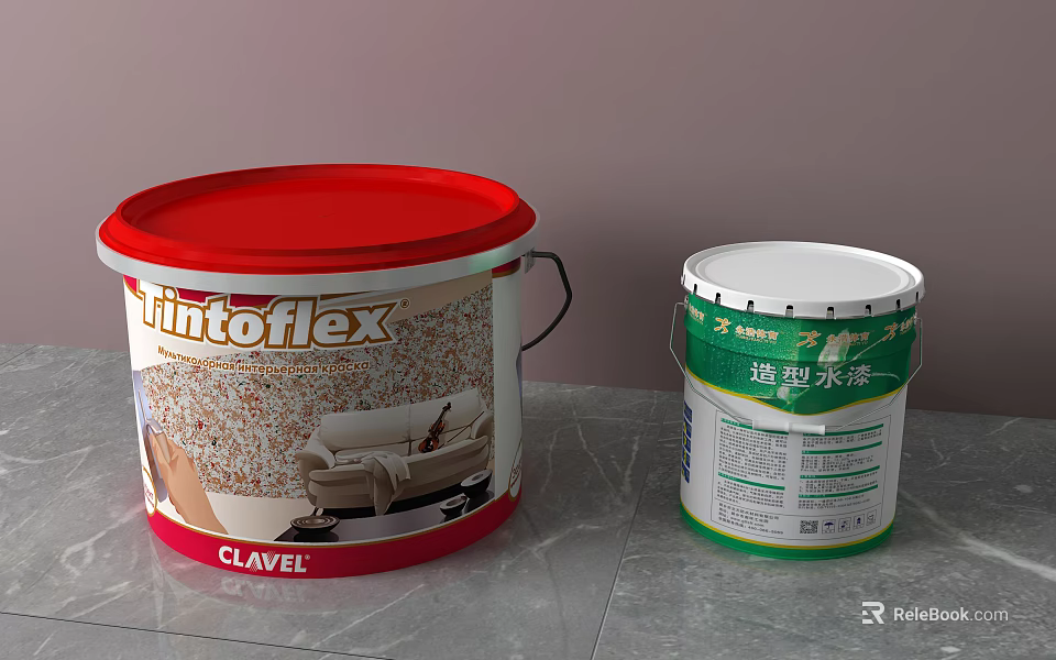 Industrial Paint Buckets Featuring Tintoflex Clavel Red Lid And Wood Paint Green Label 3d model 