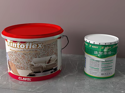Industrial Paint Buckets Featuring Tintoflex Clavel Red Lid And Wood Paint Green Label 3d model