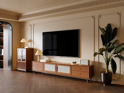 Modern Wooden TV Stand with Mounted TV Drawers Cabinets Floor Lamp and Large Plant 3d model