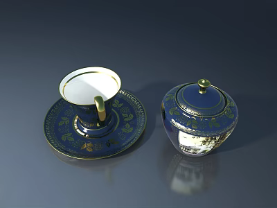 Elegant Dark Blue Teacup with Gold Patterns on Saucer and Matching Lidded Container 3d model