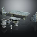 Rustic Stone Textured Outdoor Table With Chairs Bench Planters For Garden Patio
