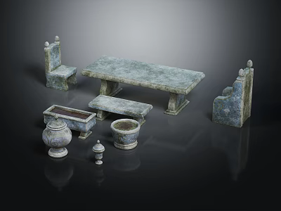 Rustic Stone Textured Outdoor Table With Chairs Bench Planters For Garden Patio 3d model