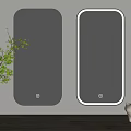 Modern Lighted Oval Mirrors in Living Room with Green Plant Cat Figurine and Reflected Sofa