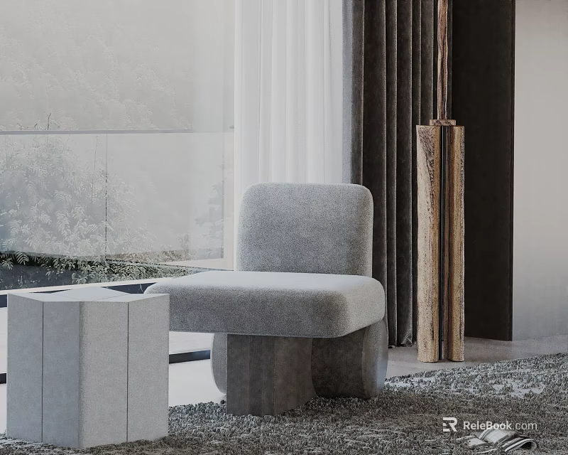 Gray Upholstered Leisure Chair With Matching Side Table And Decorative Wooden Pillar In Modern Interior 3d model 