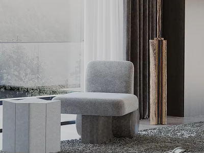 Gray Upholstered Leisure Chair With Matching Side Table And Decorative Wooden Pillar In Modern Interior 3d model