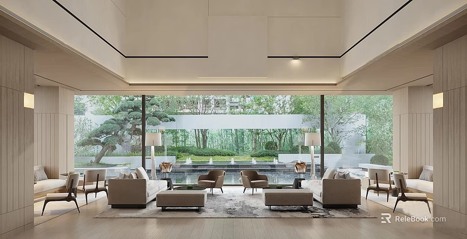 Modern Leisure Area With Large Windows Green Courtyard Outside Water Pool Beige Sofas Brown Chairs 3d model 