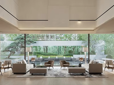 Modern Leisure Area With Large Windows Green Courtyard Outside Water Pool Beige Sofas Brown Chairs 3d model