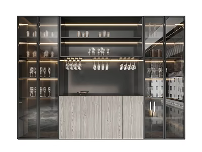 Modern Wine Cabinet With Glass Doors LED Lighting Wine Glass Rack And Wooden Storage 3d model