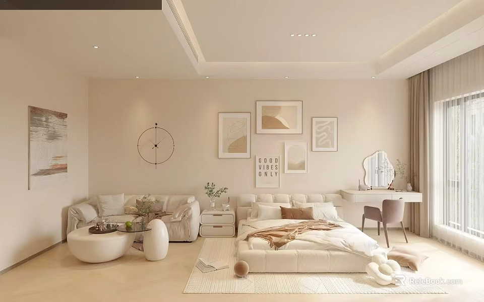 Modern Cozy Apartment Interior With Beige Walls Round Clock Artwork Sofa And Bed 3d model 