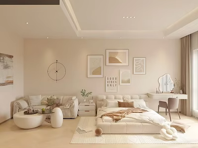 Modern Cozy Apartment Interior With Beige Walls Round Clock Artwork Sofa And Bed 3d model