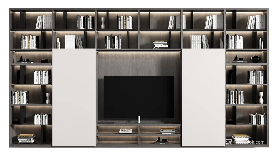 Modern TV Wall Unit Design With Built In Bookshelves And LED Lighting 3d model 