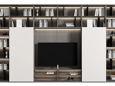 Modern TV Wall Unit Design With Built In Bookshelves And LED Lighting 3d model