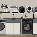 Modern Laundry Room With Double Washers Sink And Wall Storage Shelves 3d model