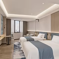 Modern Hotel Guest Room With Twin Beds Flat Screen TV Decorative Carpet And Wooden Accents