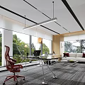 Modern Office Interior With White Bookshelves Red Chair Glass Desk Laptop And Green View