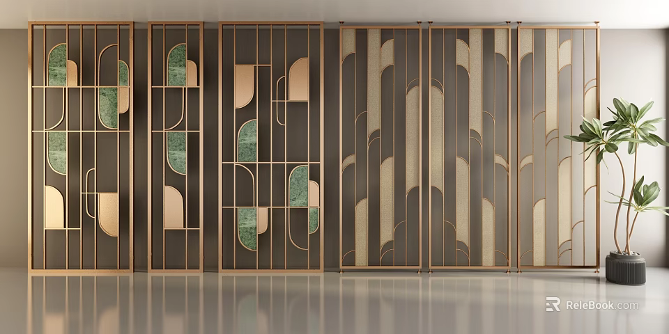 Modern Decorative Screen With Geometric Patterns Gold Frame And Green Accents 3d model 
