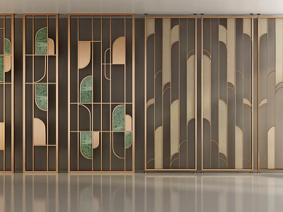 Modern Decorative Screen With Geometric Patterns Gold Frame And Green Accents 3d model