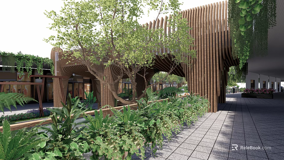 Modern Wooden Landscape Bridge With Lush Green Plants And Trees Along Walkway 3d model 