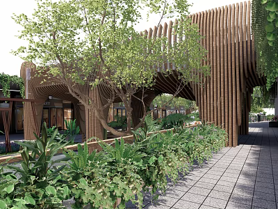 Modern Wooden Landscape Bridge With Lush Green Plants And Trees Along Walkway 3d model