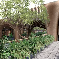 Modern Wooden Landscape Bridge With Lush Green Plants And Trees Along Walkway