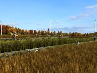 Rural Garden Landscape Featuring Golden Wheat Field Green Shrubs And Colorful Autumn Trees 3d model