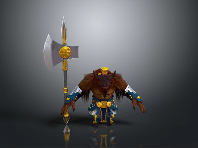 Furry Mythical Warrior Character With Gold Blue Armor And Large Battle Axe 3d model