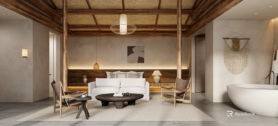 Japanese Style Hotel Guest Room With Wooden Structure Bamboo Ceiling And White Sofa 3d model 