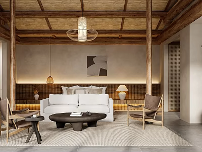 Japanese Style Hotel Guest Room With Wooden Structure Bamboo Ceiling And White Sofa 3d model