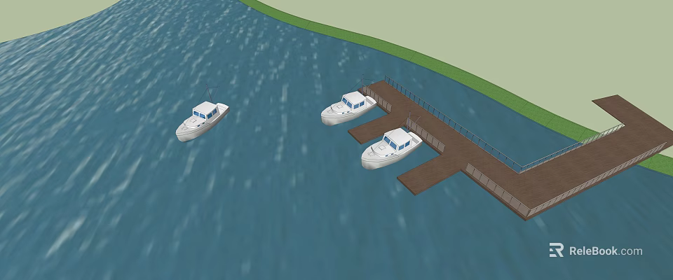 Three White Boats Docked at Wooden Pier on Blue Water with Green Shore 3d model 