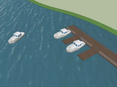 Three White Boats Docked at Wooden Pier on Blue Water with Green Shore 3d model