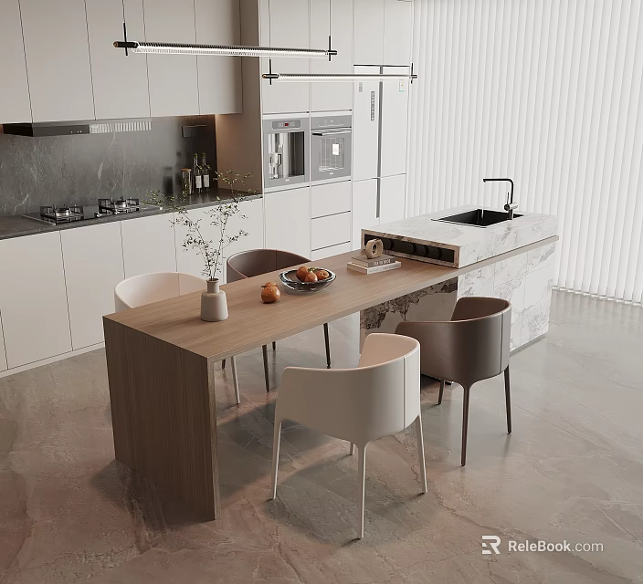 Modern Restaurant Kitchen Open Design With Wooden Dining Table And Marble Island 3d model 