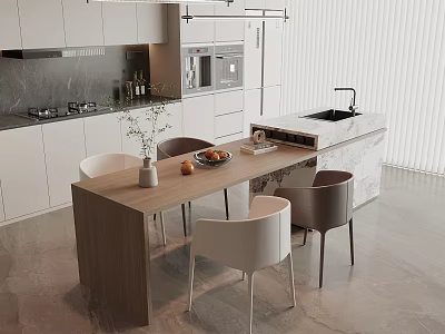 Modern Restaurant Kitchen Open Design With Wooden Dining Table And Marble Island 3d model