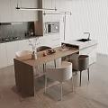 Modern Restaurant Kitchen Open Design With Wooden Dining Table And Marble Island