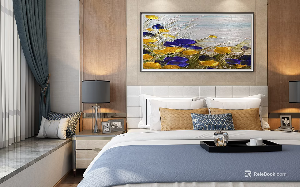 Background Double Bed with Colorful Floral Painting Yellow and Blue Pillows Gray Lampshade 3d model 