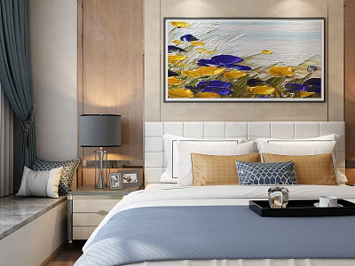 Background Double Bed with Colorful Floral Painting Yellow and Blue Pillows Gray Lampshade 3d model