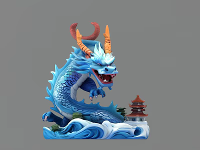 Blue Aquatic Dragon Sculpture With Orange Horns Waves And Red Pagoda Details 3d model