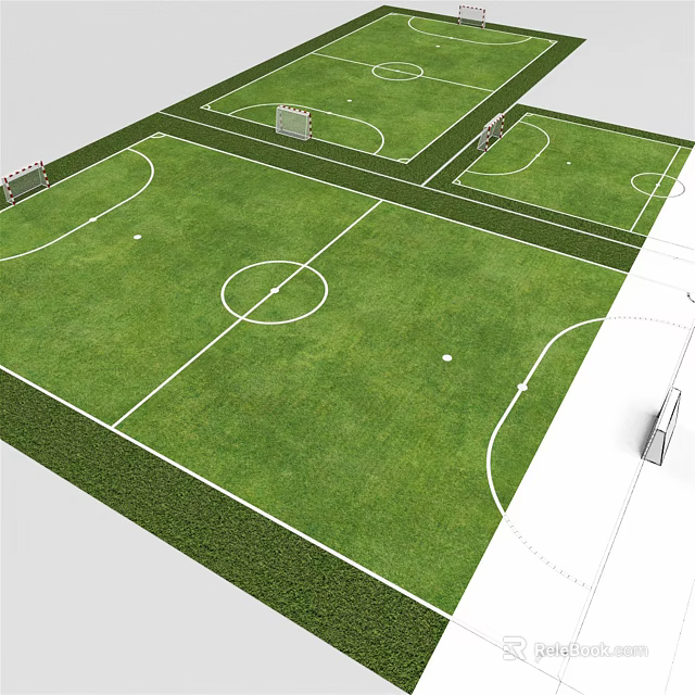 Multiple Football Fields With White Marking Lines Green Grass And Goalposts 3d model