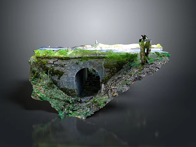 Suspended Stone Bridge Structure With Green Grass Archway And Small Figure 3d model